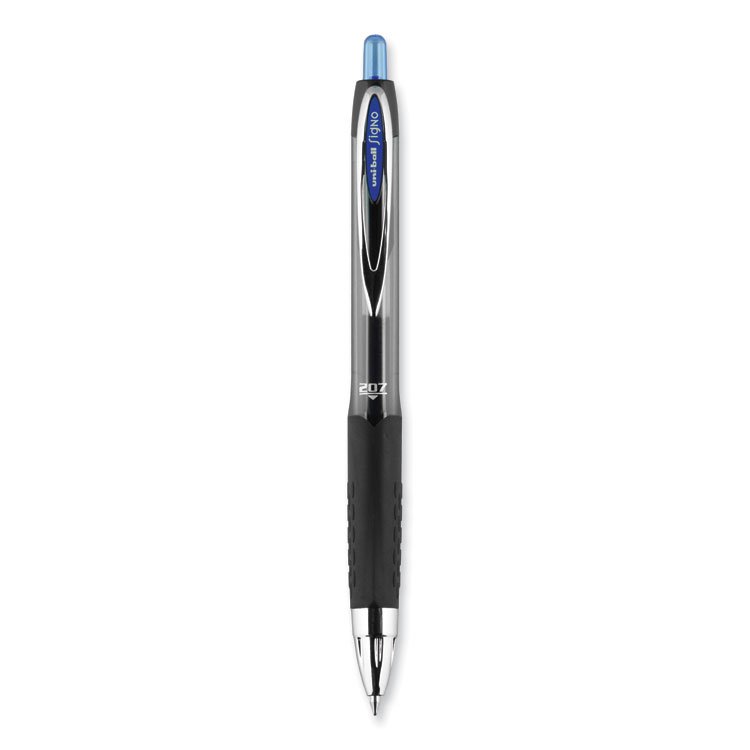uniball Signo 207 Gel Pen, Retractable, Medium 0.7 mm, Blue Ink, Smoke/Black/Blue Barrel, Dozen (UBC33951)