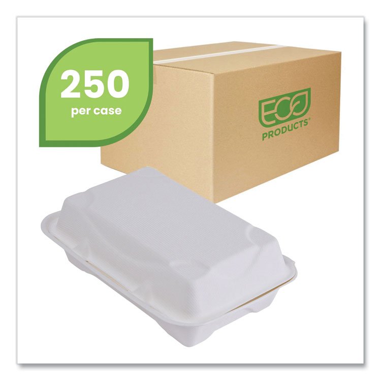 Eco-Products Vanguard Renewable and Compostable Sugarcane Clamshells, 1-Compartment, 9 x 6 x 3, White, 250/Carton (ECOEPHC96NFA)