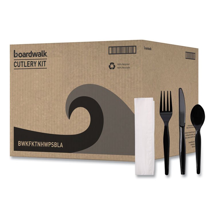 Boardwalk Four-Piece Cutlery Kit, Heavyweight, Fork/Knife/Napkin/Spoon, Plastic, Black, 250/Carton (BWKFKTNHWPSBLA)