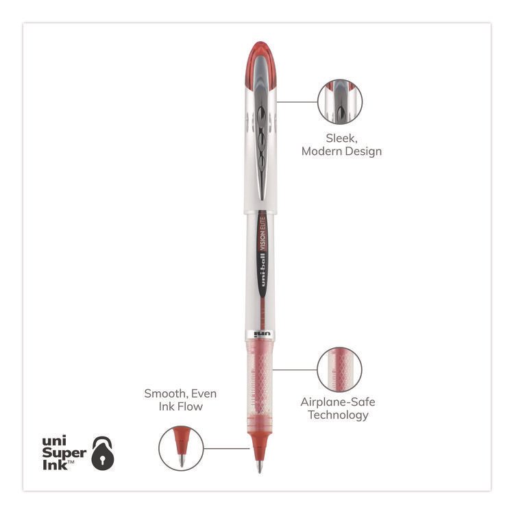 UBC69023 - uniball VISION ELITE Hybrid Gel Pen, Stick, Bold 0.8 mm, Red Ink, White/Red/Clear Barrel (UBC69023) - Image 3
