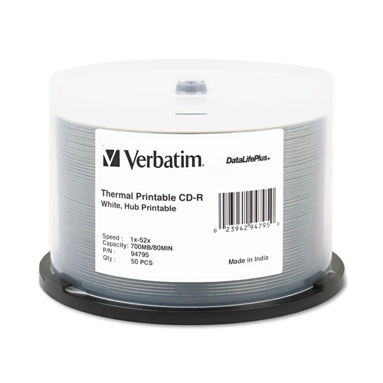 Verbatim CD-R DataLifePlus Printable Recordable Disc, 700 MB/80 min, 52x, Spindle, White, 50/Pack (VER94755)