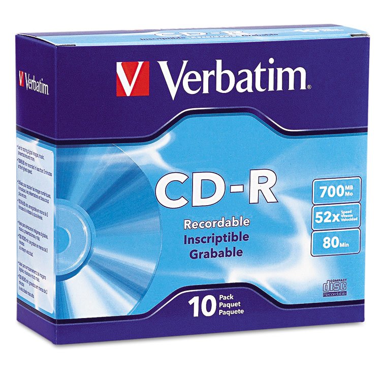 Verbatim CD-R Recordable Disc, 700 MB/80 min, 52x, Slim Jewel Case, Silver, 10/Pack (VER94935)