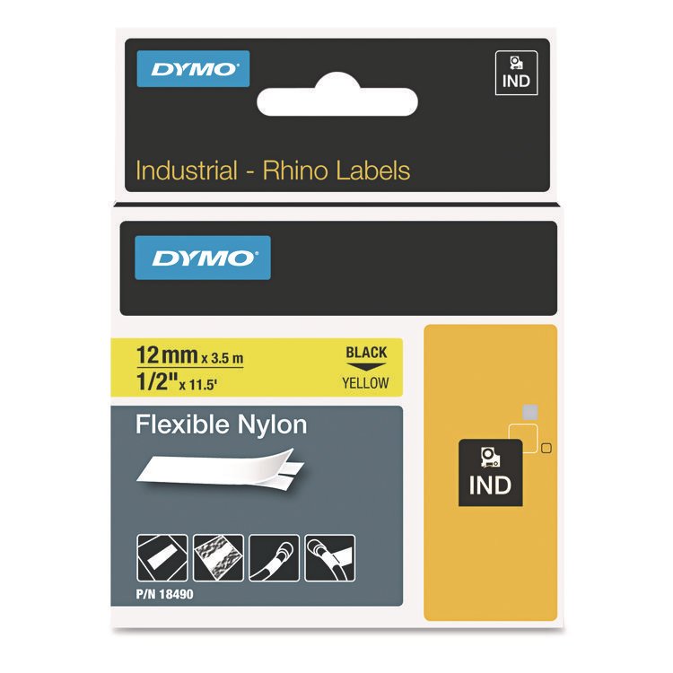DYMO Rhino Flexible Nylon Industrial Label Tape, 0.5" x 11.5 ft, Yellow/Black Print (DYM18490)