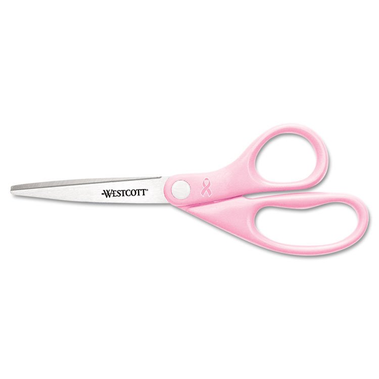 Westcott All Purpose Pink Ribbon Scissors, Breast Cancer Awareness, 8" Long, 3.5" Cut Length, Straight Pink Handle (ACM15387)