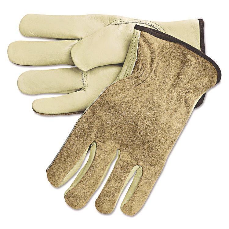 MCR Safety Dual Leather Industrial Gloves, Gunn Cut, Keystone Thumb, Large, Cream/Russet, 12 Pairs (MPG3205L)