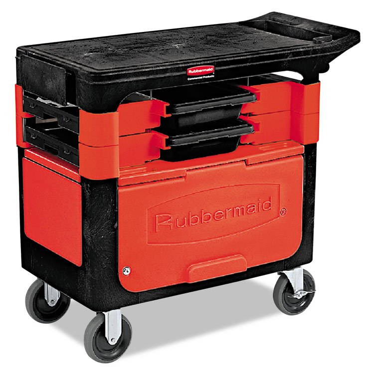 Rubbermaid Commercial Trades Cart with Locking Storage Area, Plastic, 2 Shelves, 2 Drawers, 330 lb Capacity, 19.25" x 38" x 33.38", Black (RCP618088BLA)