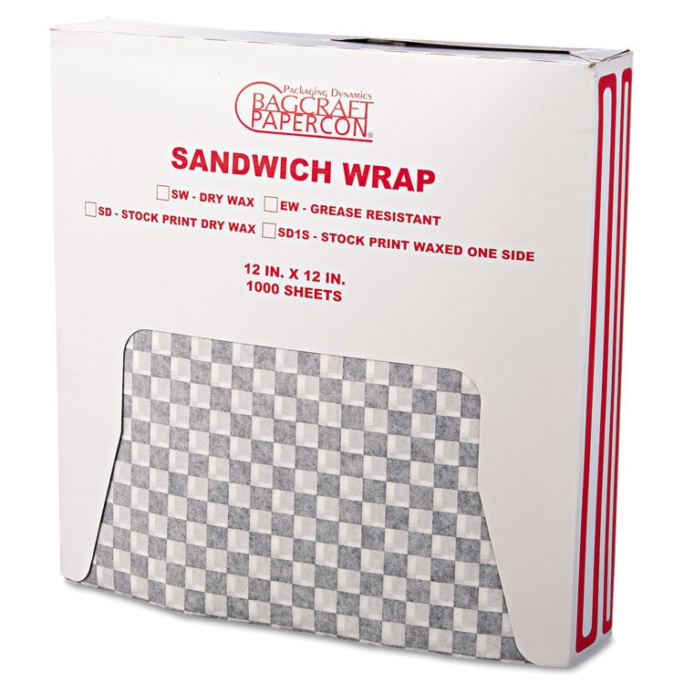 Bagcraft Grease-Resistant Paper Wraps and Liners, 12 x 12, Black Check, 1,000/Box, 5 Boxes/Carton (BGC057800)