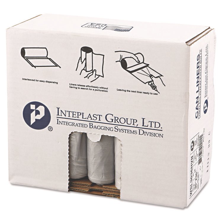 Inteplast Group Low-Density Commercial Can Liners, 30 gal, 0.58 mil, 30" x 36", Clear, Interleaved Roll, 25 Bags/Roll, 10 Rolls/Carton (IBSSL3036HVN)