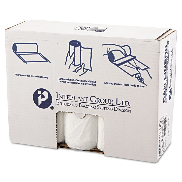 Inteplast Group High-Density Commercial Can Liners, 45 gal, 17 mic, 40" x 48", Clear, Interleaved Roll, 25 Bags/Roll, 10 Rolls/Carton (IBSS404817N)