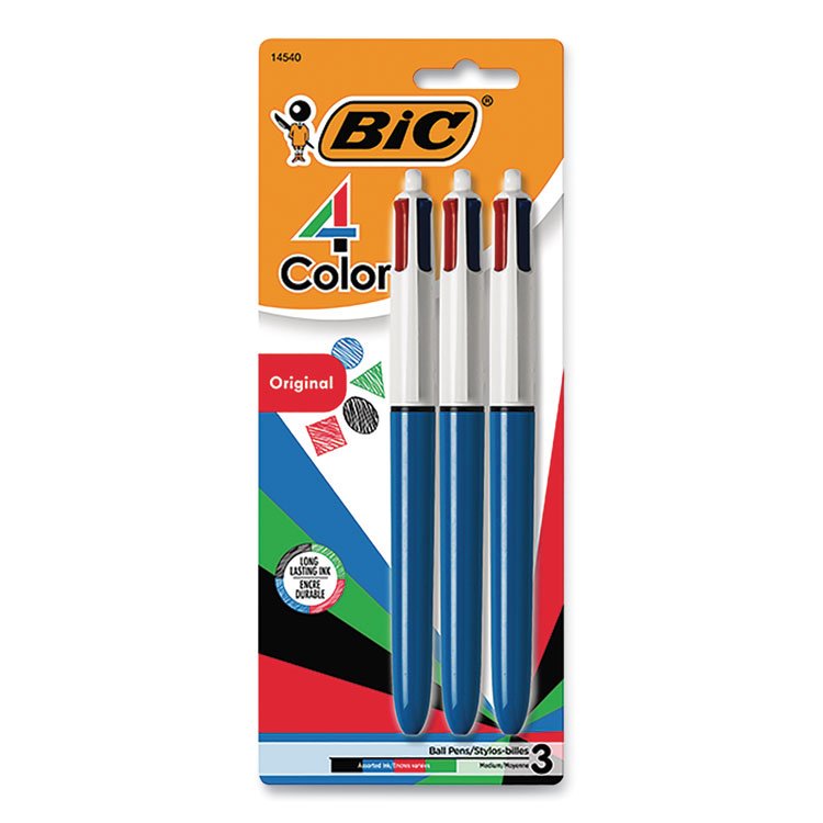 BIC 4-Color Ballpoint Pen, Retractable, Medium 1 mm, Black/Blue/Green/Red Ink Colors, Randomly Assorted Barrel Colors, 3/PK (BICMMP31)