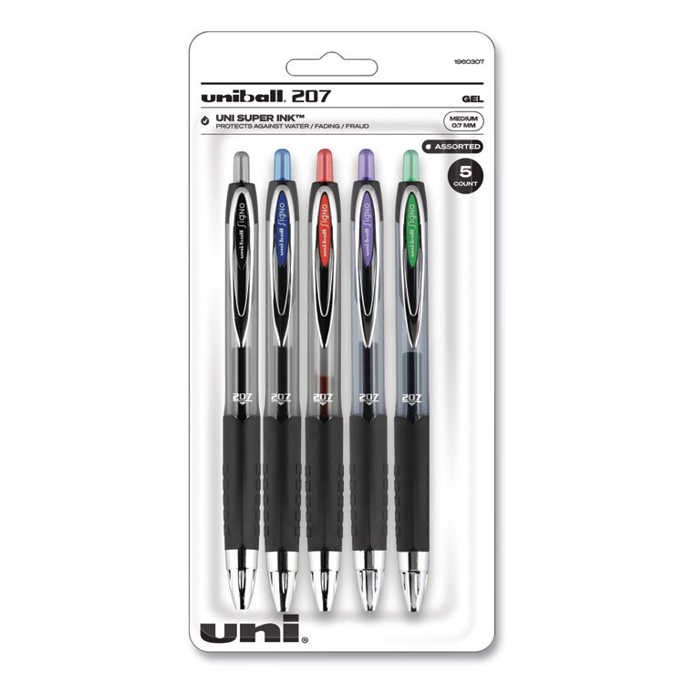 uniball Signo 207 Gel Pen, Retractable, Medium 0.7 mm, Assorted Ink and Barrel Colors, 5/Pack (UBC261221)