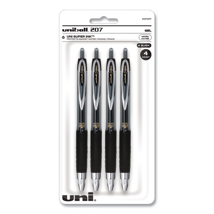 uniball Signo 207 Gel Pen, Retractable, Fine 0.5 mm, Black Ink, Smoke/Black Barrel, 4/Pack (UBC61270)