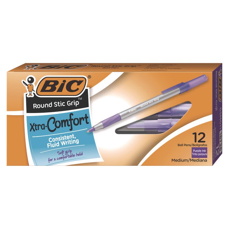 BIC Round Stic Grip Xtra Comfort Ballpoint Pen, Easy-Glide System, Stick, Medium 1.2 mm, Purple Ink, Gray/Purple Barrel, Dozen (BICGSMG11PE)