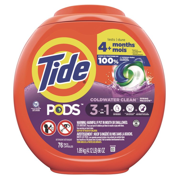 Tide PODS Laundry Detergent, HE Compatible, Spring Meadow, 66 oz Tub, 76 Pacs/Tub, 4 Tubs/Carton (PGC09166CT)