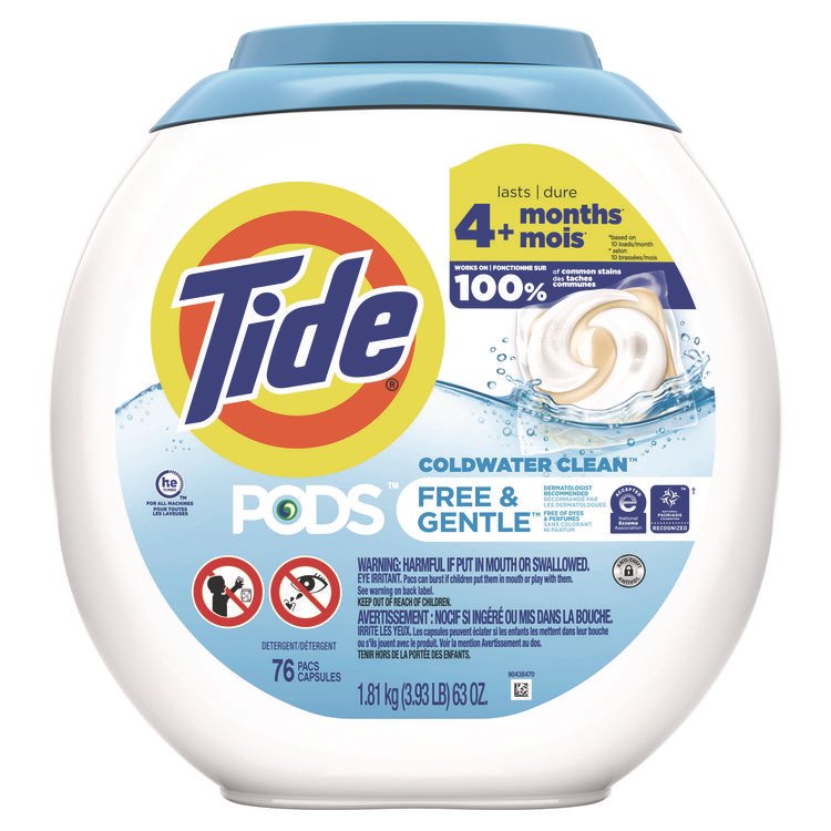 Tide PODS Laundry Detergent, HE Compatible, Free and Gentle, 63 oz Tub, 76 Pacs/Tub (PGC09488EA)