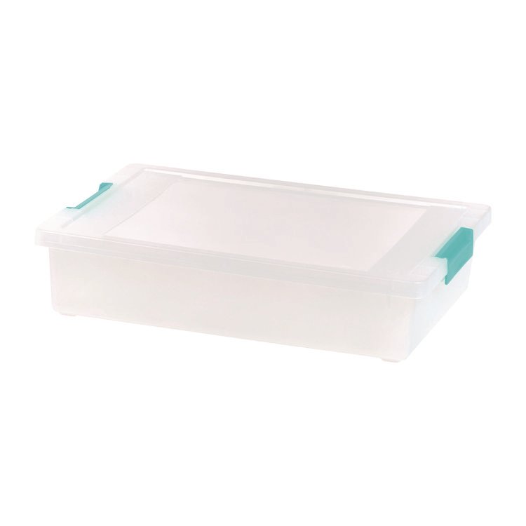 IRIS Latch Lid Storage Box, 2.3 gal, 14 x 11 x 3.5, Clear Bin/Seafoam Latches (IRS301158)