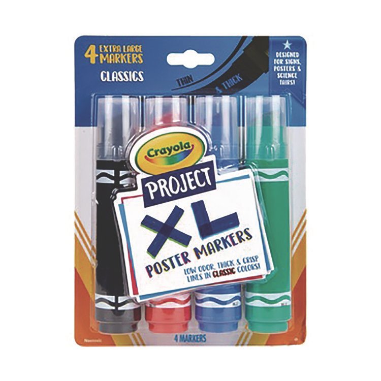 Crayola XL Poster Markers, Thin/Thick Chisel Tip, Assorted Classic Colors, 4/Pack (CYO588356)