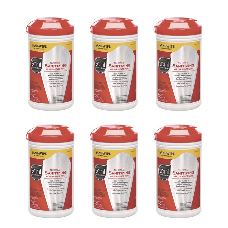 Sani Professional No-Rinse Sanitizing Multi-Surface Wipes, Unscented, White, 175/Container, 6/Carton (NICP66784)