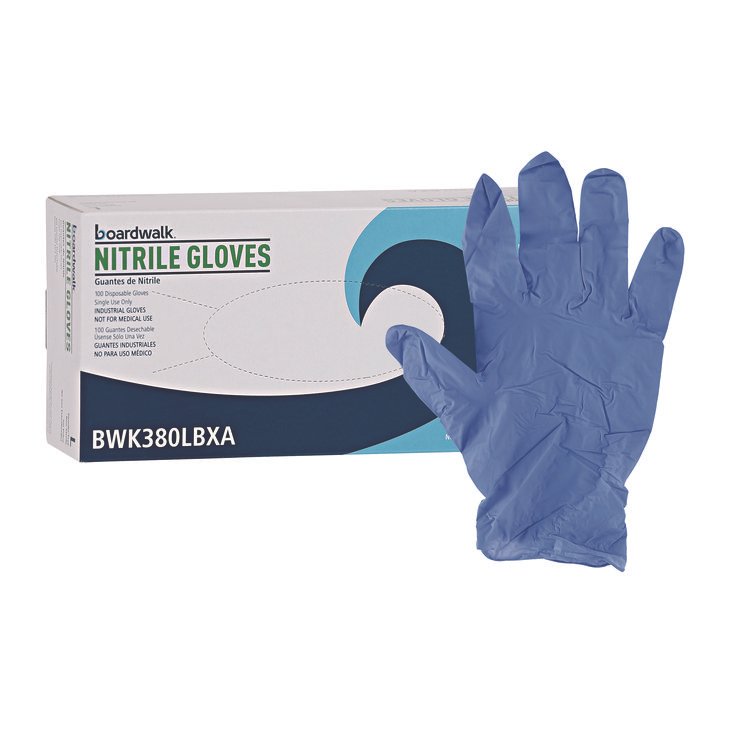 Boardwalk 380 Series Disposable General-Purpose Nitrile Gloves, Powder-Free, Large, 4 mil Thick, 9.5" Long, Blue, 100/Box (BWK380LBXA)