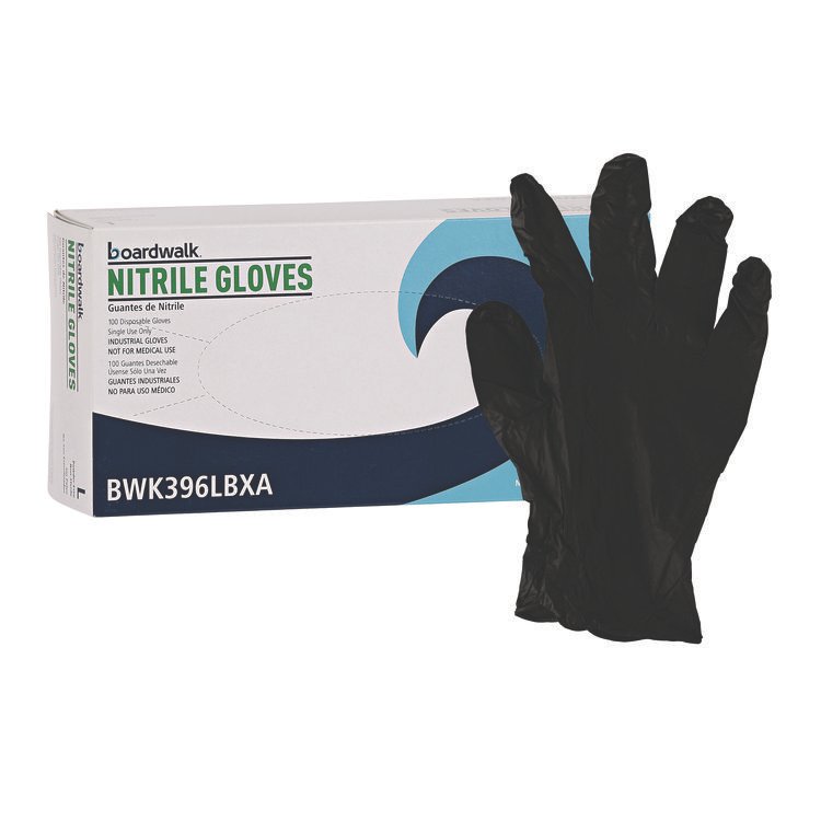 Boardwalk 396 Series Disposable General-Purpose Nitrile Gloves, Powder-Free, Large, 4.4 mil Thick, 9.5" Long, Black, 100/Box (BWK396LBXA)