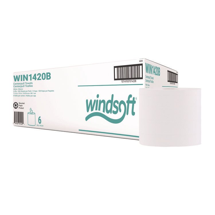 Windsoft Center-Flow Perforated Paper Towel Roll, 7.3 x 15, White, 6 Rolls/Carton (WIN1420B)
