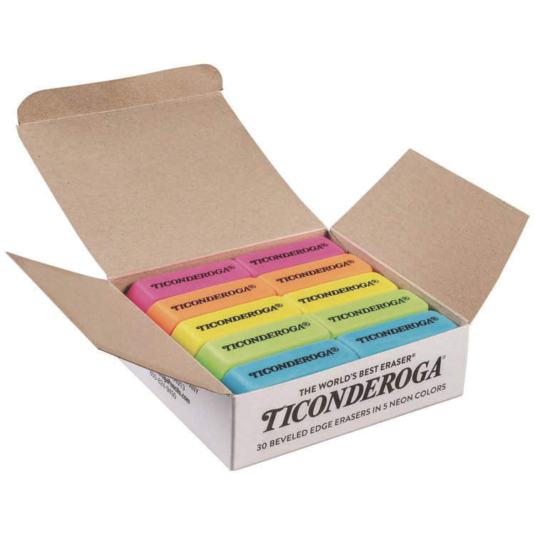 Ticonderoga Neon Wedged Block Erasers, For Pencil Marks, Slanted-Edge Rectangular Block, Medium, Assorted Colors, 30/Box (DIXX38930)