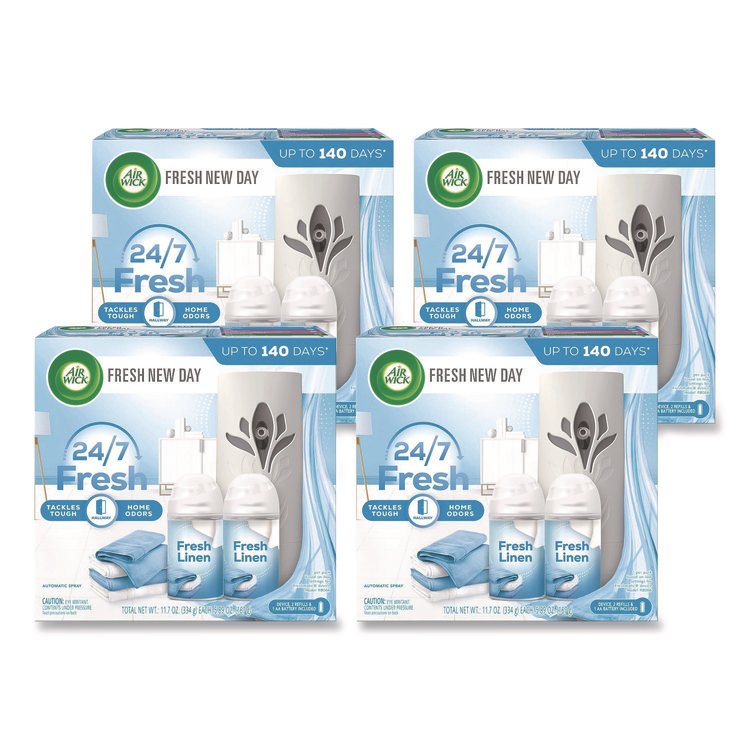 Air Wick Freshmatic Ultra Automatic Starter Kit, Gadget/(2) 5.89 oz Fresh Linen Refills/AA Battery, 4 Kits/Carton (RAC01918CT)