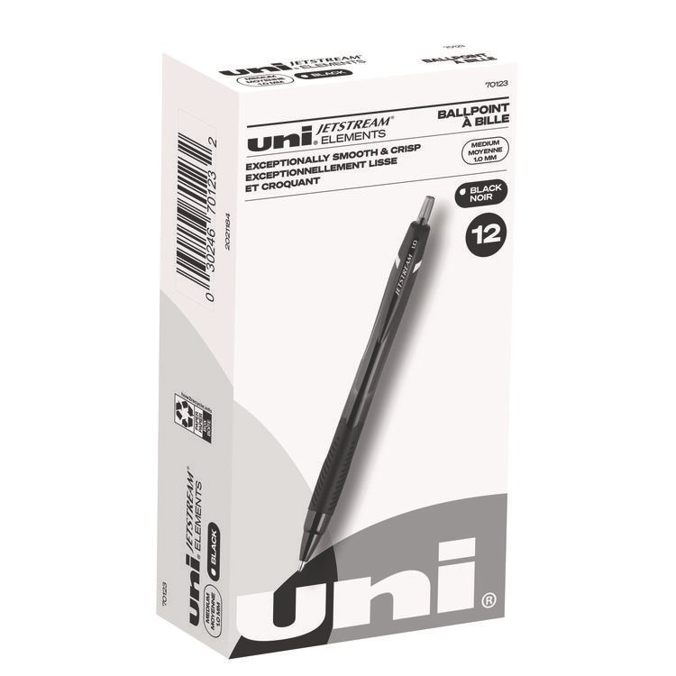 uniball Jetstream Elements Hybrid Gel Pen, Retractable, Medium 1 mm, Black Ink, Translucent Black/Black Barrel, Dozen (UBC70123)