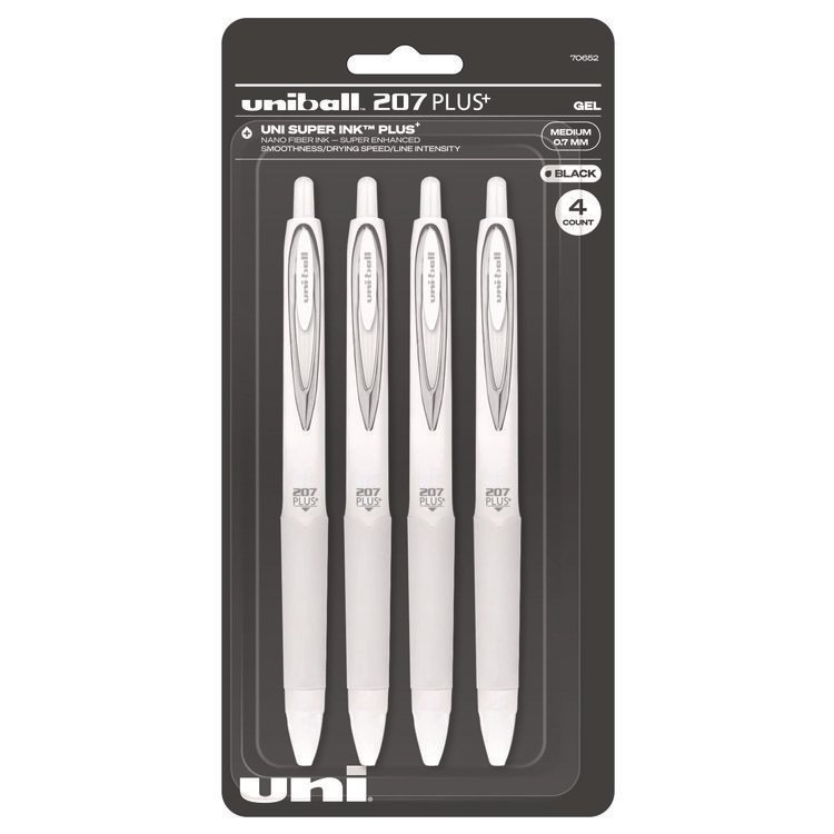uniball 207 Plus+ Gel Pen, Retractable, Medium 0.7 mm, Black Ink, White Barrel, 4/Pack (UBC70652)
