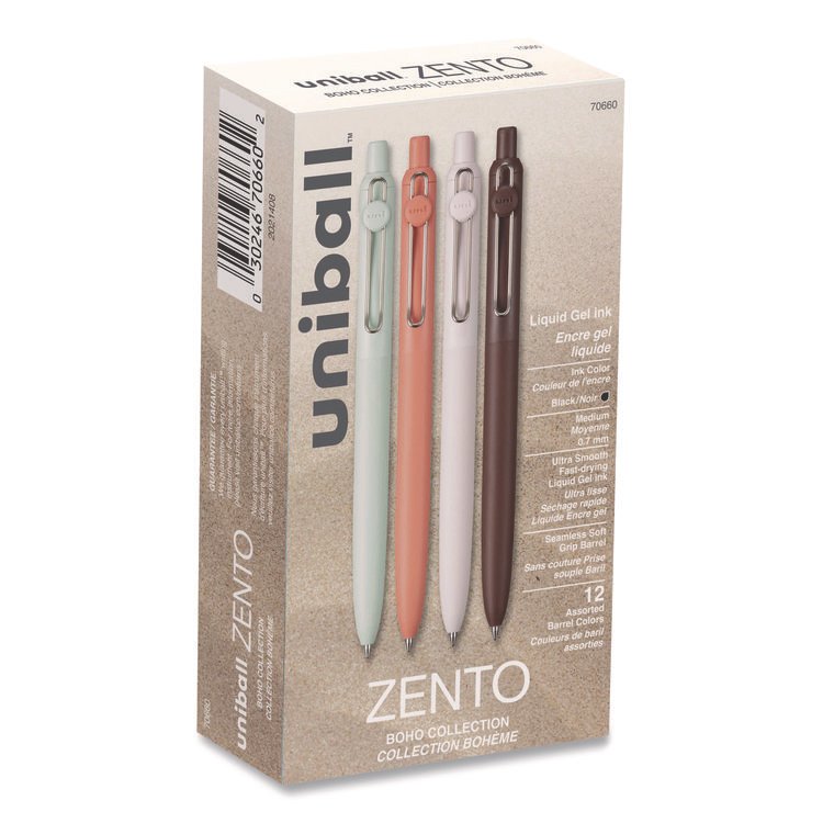 uniball Zento Gel Pen, Retractable, Medium 0.7 mm, Black Ink, Assorted Barrel Colors, Dozen (UBC70660)