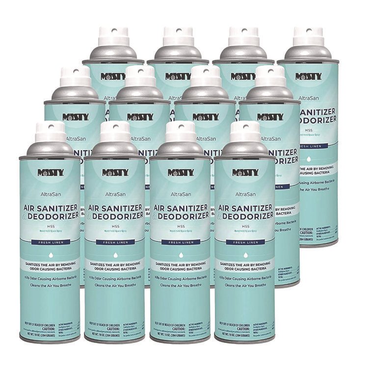 Misty Handheld Air Sanitizer/Deodorizer, Fresh Linen, 10 oz Aerosol Spray, 12/Carton (AMR1037236)