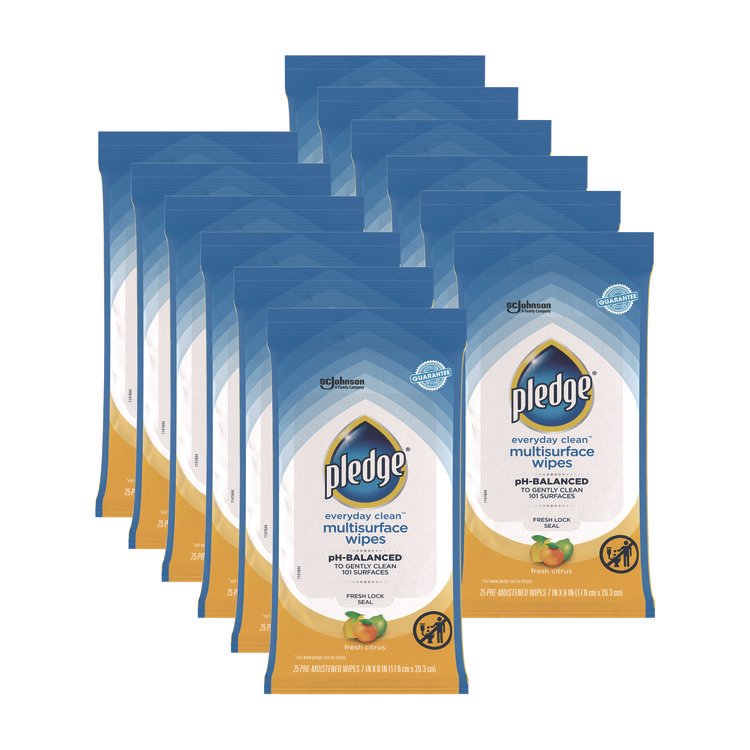 Pledge Multi-Surface Cleaner Wet Wipes, Cloth, 7 x 10, Fresh Citrus, White, 25/Pack, 12 Packs/Carton (SJN336274)