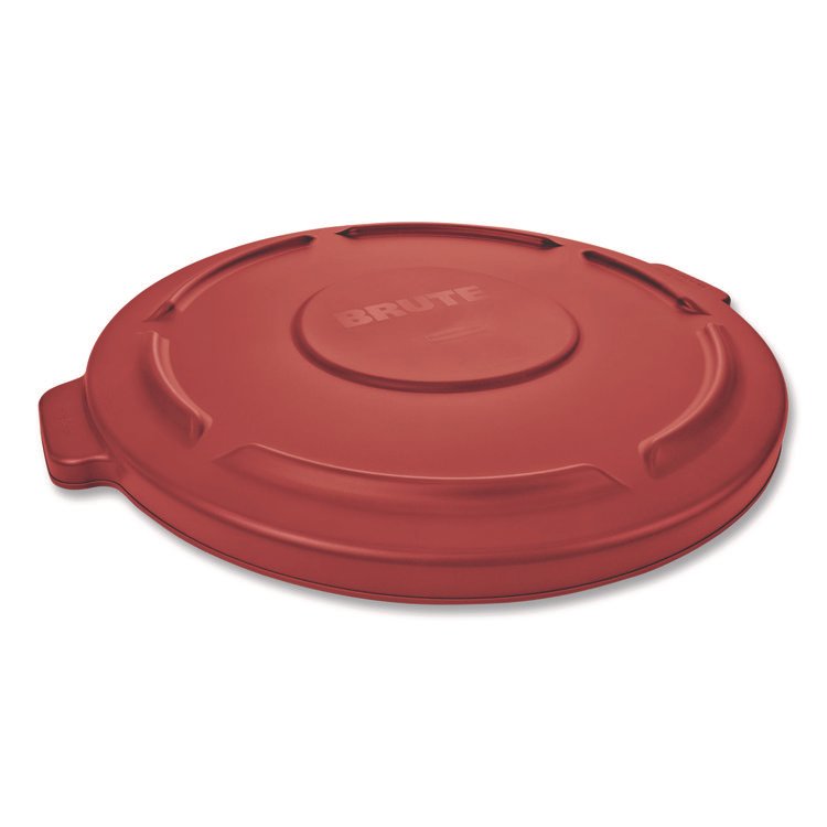Rubbermaid Commercial BRUTE Self-Draining Flat Top Lids for 32 gal Round BRUTE Containers, 22.25" Diameter x 3"h, Red, 3/Carton (RCP2654REDCT)