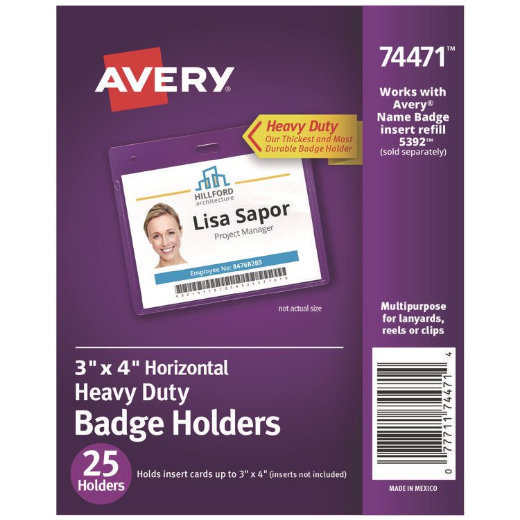 Avery Secure Top Heavy-Duty Badge Holders, Horizontal, 4w x 3h, Clear, 25/Pack (AVE74471)