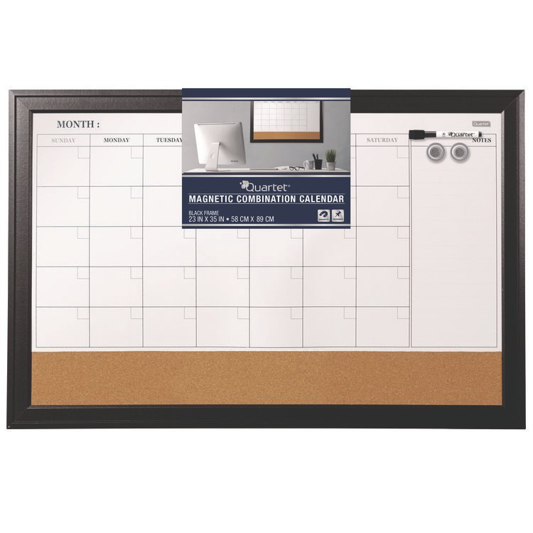 Quartet Magnetic Combination Board Calendar, Monthly Planning/Scheduling, 35" x 23", Tan/White Surface, Black Wood Frame (QRT79284)