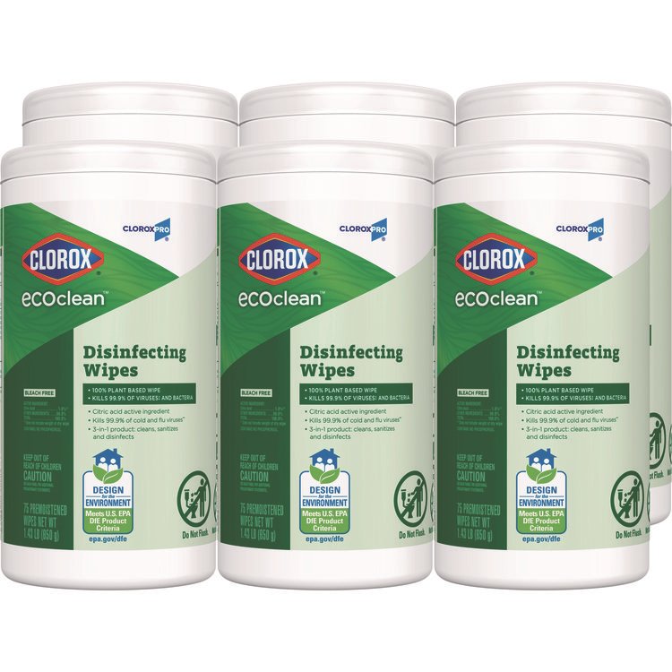 Clorox CloroxPro EcoClean Disinfecting Wipes, 1-Ply, 8 x 7, Unscented, White, 75 Count, 6/Carton (CLO60605CT)
