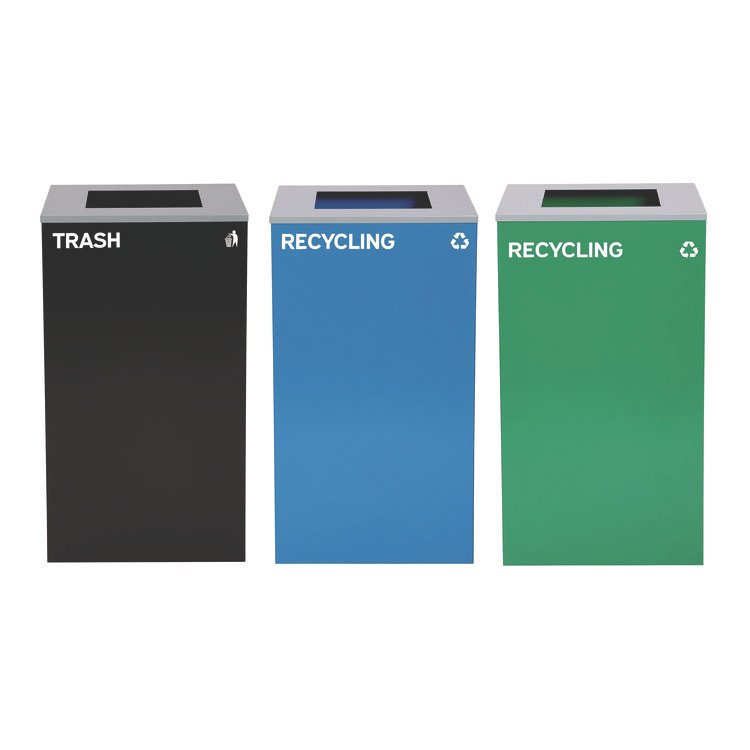 ALPINE INDUSTRIES 29 Gallon Trash/Recycling Cans, Steel, Blue Recycling Can, Green Recycling Can, Black Trash Can with Square Lids (ALH4450BLKKIT17)
