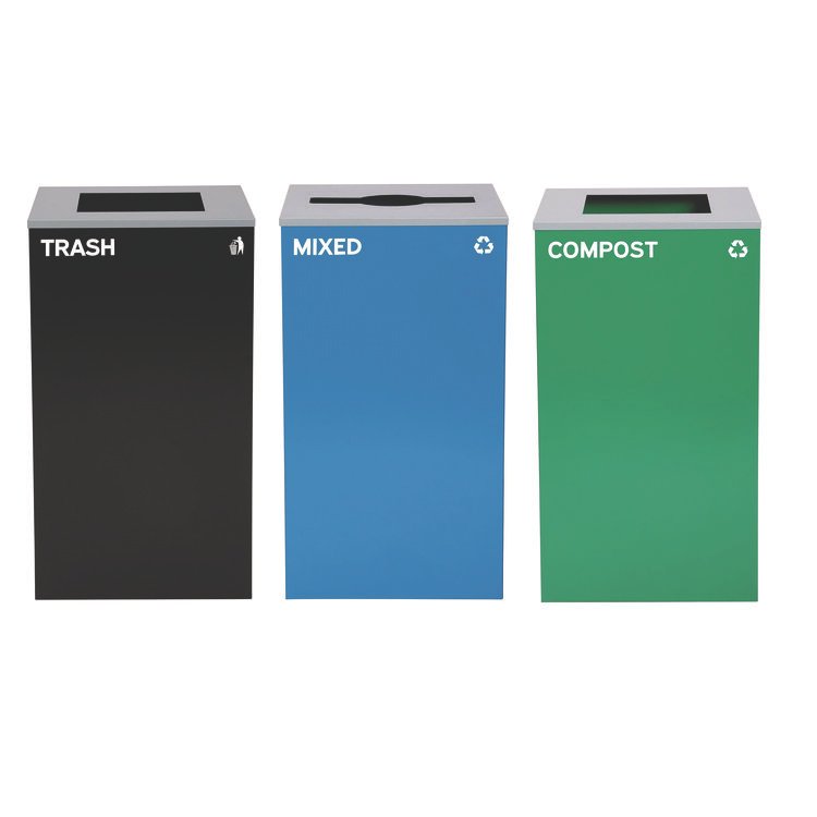 ALPINE INDUSTRIES 29 Gallon Trash/Recycling Cans, Steel, Blue Mixed Recycling Can w/Mixed Lid, Green Compost and Black Trash Cans w/Square Lids (ALH4450BLKKIT19)