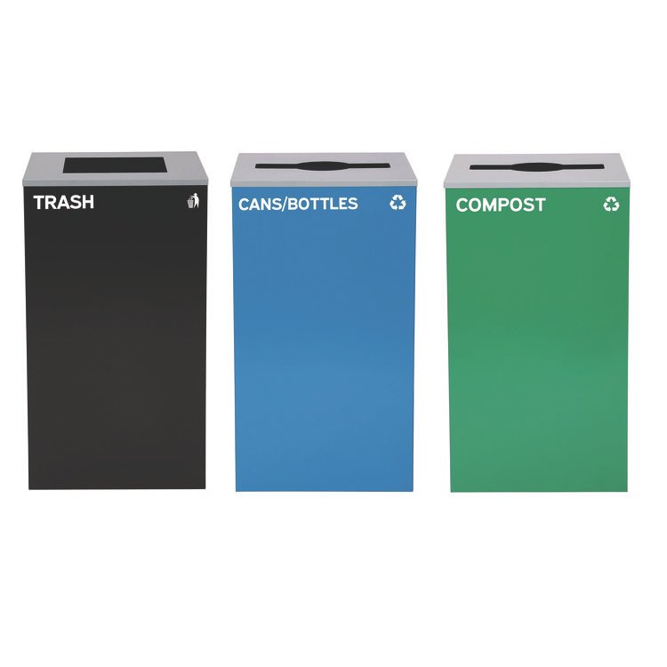 ALPINE INDUSTRIES 29 Gallon Trash/Recycling Cans, Steel, Blue Cans/Bottles Recycling and Green Compost Can w/Mixed Lid, Black Trash Can Sq Lid (ALH4450BLKKIT29)