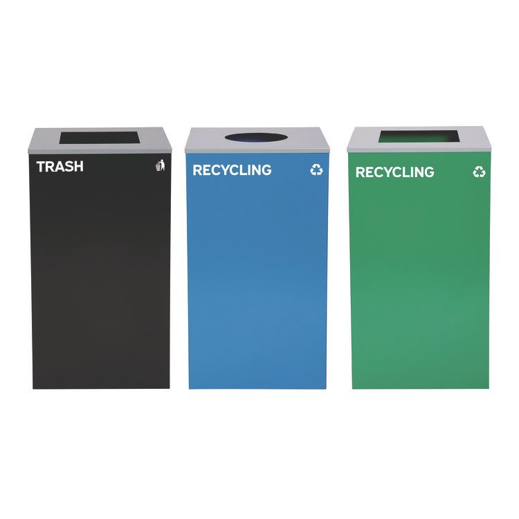 ALPINE INDUSTRIES 29 Gallon Trash/Recycling Cans, Steel, Blue Recycling Can w/Circle Lid, Green Recycling Can and Black Trash Can w/Square Lids (ALH4450BLKKIT35)