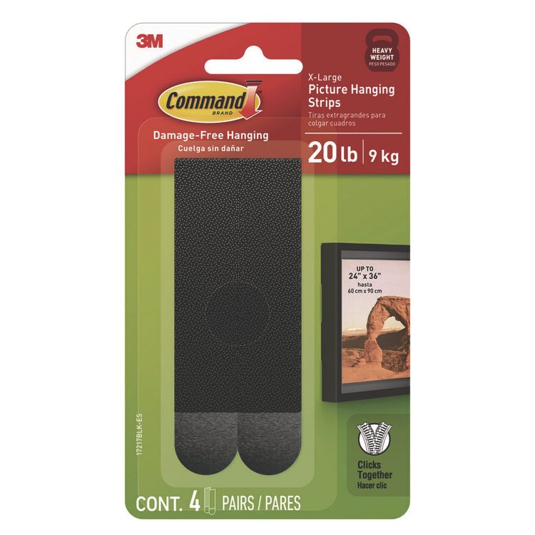 Command Picture Hanging Strips, X-Large, Removable, Holds up to 20 lbs per 4 Strips, Black, 4 Strip Pairs (MMM17217BLKES)