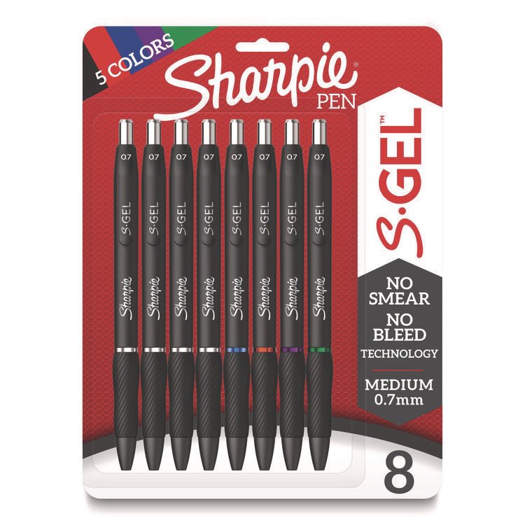 Sharpie S-Gel S-Gel High-Performance Gel Pen, Retractable, Medium 0.7 mm, Assorted Ink Colors, Black Barrel, 8/Pack (SAN2126231)