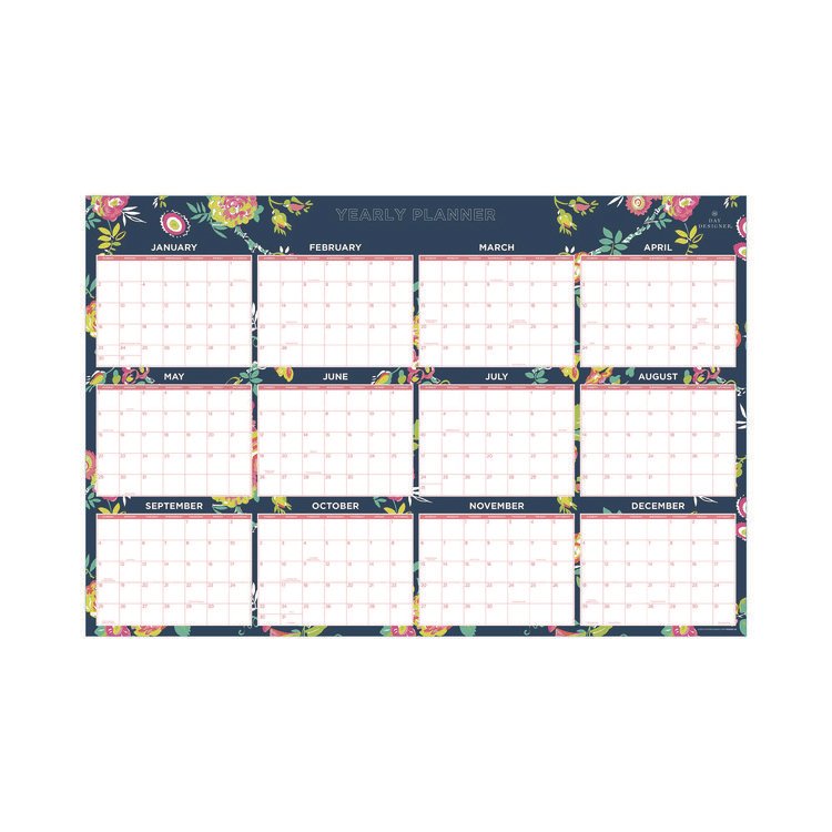 Blue Sky Day Designer Peyton Laminated Erasable Wall Calendar, Floral Artwork, 36 x 24, White/Navy Sheets, 12-Month (Jan to Dec): 2026 (BLS103632)