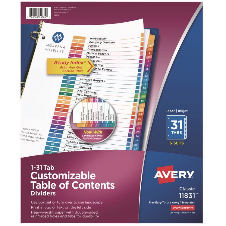 Avery Customizable Table of Contents Ready Index Multicolor Dividers, 31-Tab, 1 to 31, 11 x 8.5, White, 6 Sets (AVE11831)