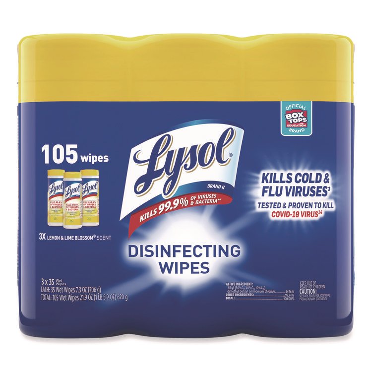 LYSOL Brand Disinfecting Wipes, 1-Ply, 7 x 7.25, Lemon and Lime Blossom, White, 35 Wipes/Canister, 3 Canisters/Pack, 4 Packs/Carton (RAC82159CT)
