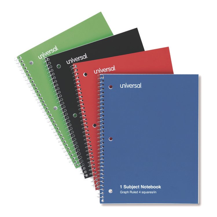 Universal Wirebound Notebook, 1-Subject, Quadrille Rule (4 sq/in), Assorted Cover Colors, (70) 10.5 x 8 Sheets, 4/Pack (UNV66634)