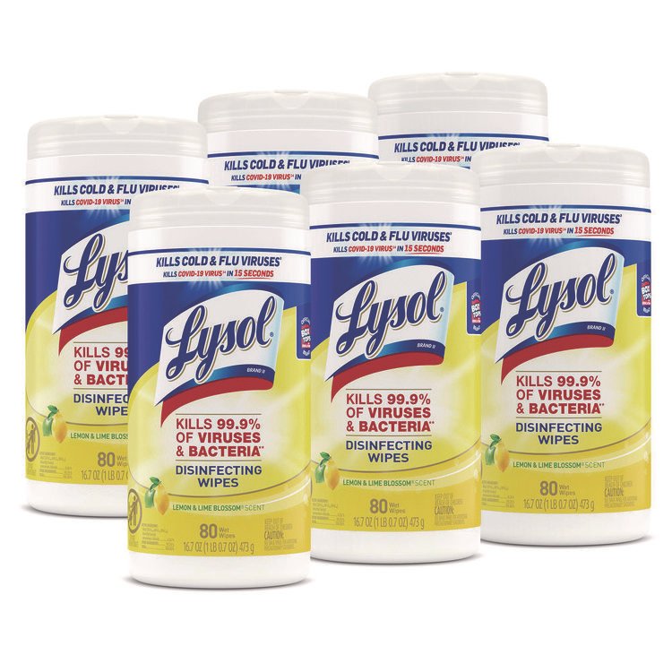 LYSOL Brand Disinfecting Wipes, 1-Ply, 7 x 7.25, Lemon and Lime Blossom, White, 80 Wipes/Canister, 6 Canisters/Carton (RAC77182CT)