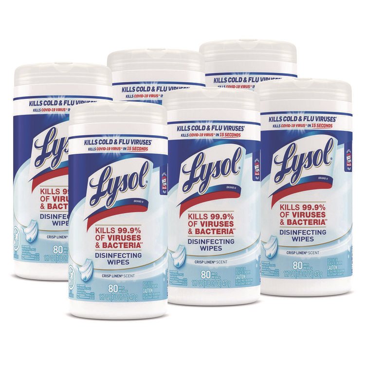 LYSOL Brand Disinfecting Wipes, 1-Ply, 7 x 7.25, Crisp Linen, White, 80 Wipes/Canister, 6 Canisters/Carton (RAC89346CT)