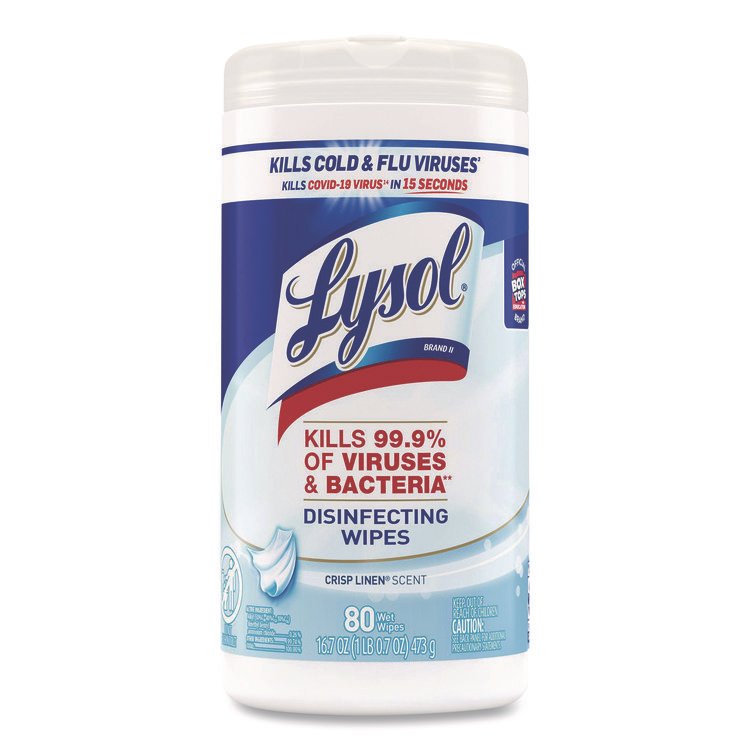 LYSOL Brand Disinfecting Wipes, 1-Ply, 7 x 7.25, Crisp Linen, White, 80 Wipes/Canister (RAC89346)