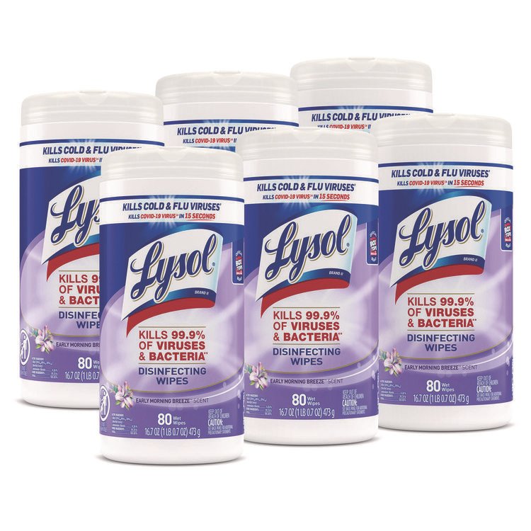 LYSOL Brand Disinfecting Wipes, 1-Ply, 7 x 7.25, Early Morning Breeze, White, 80 Wipes/Canister, 6 Canisters/Carton (RAC89347CT)